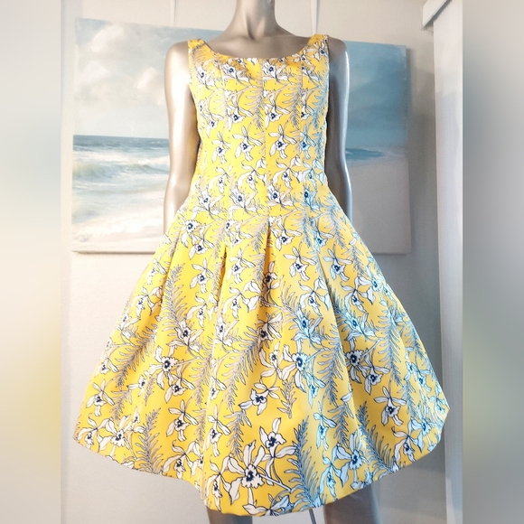 °$3400 OSCAR DE LA RENTA STUNNING SILK YELLOW FLORAL PLEADED RUNWAY DRESS US 10 - Picture 4 of 11